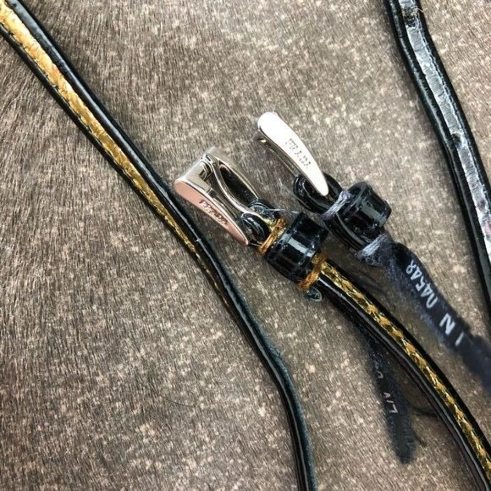 PRADA Gold Patent Leather Button Tab Switch Back Skinny Belt - Picture 2 of 10